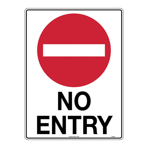 NO ENTRY, 600X450MM METAL RED ON WHITE, BLK TEXT