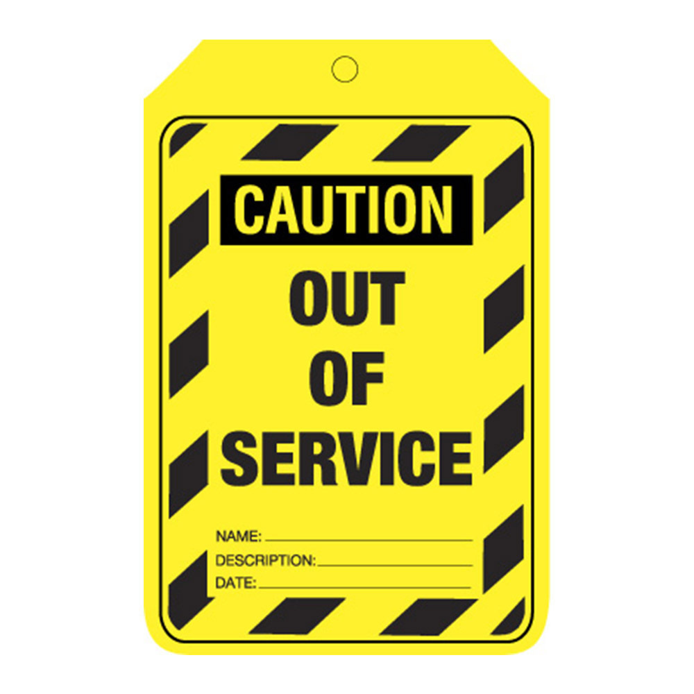 Caution Out Of Service .. Tags, C/Stock, 90x140mm , Pkt of 100