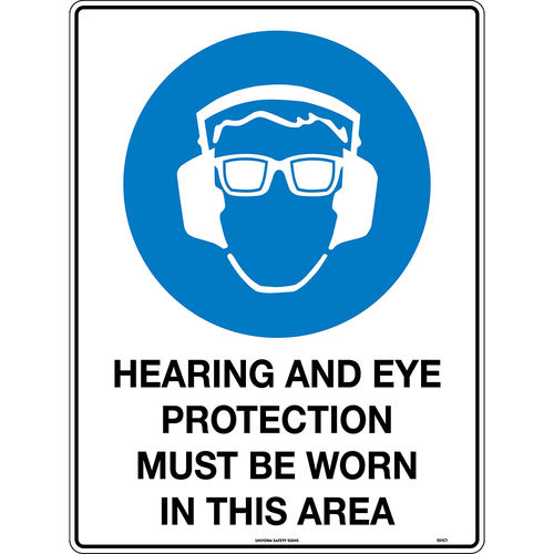 600x450mm - Metal, Class 1 Reflective - Hearing And Eye Protection Must Be Worn In This Area
