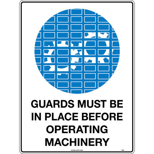 600x450mm - Metal, Class 1 Reflective - Guards Must be in Place Before Operating Machinery