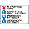 900x600mm - Metal - No Unauthorised Access / All Visitors Must Report To Site Office / Safety Helmet