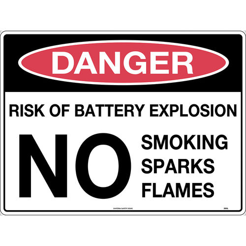 300x225mm - Metal - Danger Risk of Battery Explosion No Smoking Sparks Flames
