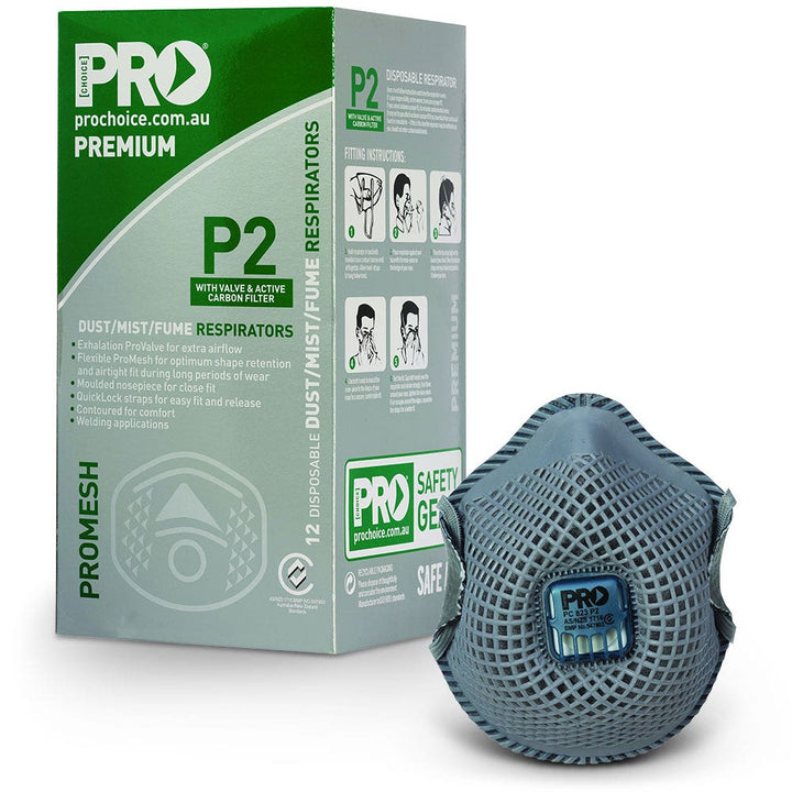PRO CHOICE MESH DUST MASK P2 WITH VALVE & CARBON FILTER BOX OF 12 (PC823)