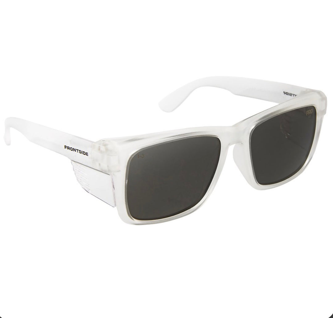 FRONTSIDE SAFETY GLASSES SMOKE LENS / CLEAR FRAME