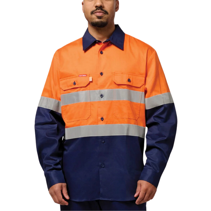 Hard Yakka Men's Hi-Vis Taped Cotton Drill Work Shirt Y07990   Y07990