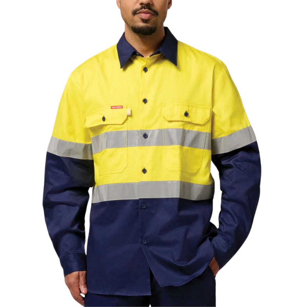 Hard Yakka Men's Hi-Vis Taped Cotton Drill Work Shirt Y07990   Y07990
