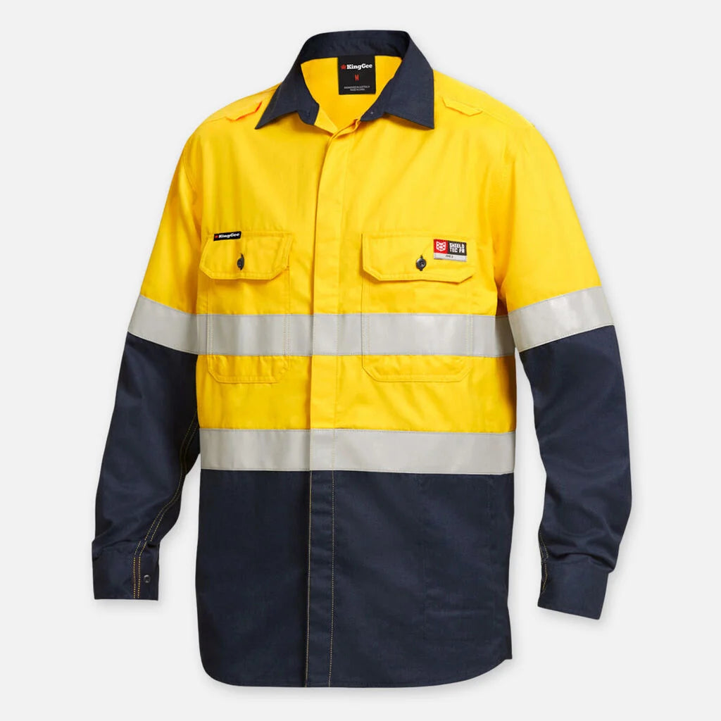 KingGee Men's Shieldtec LENZING FR Hi-Vis 2-Tone Taped Open Front Shirt PPE2 K84000