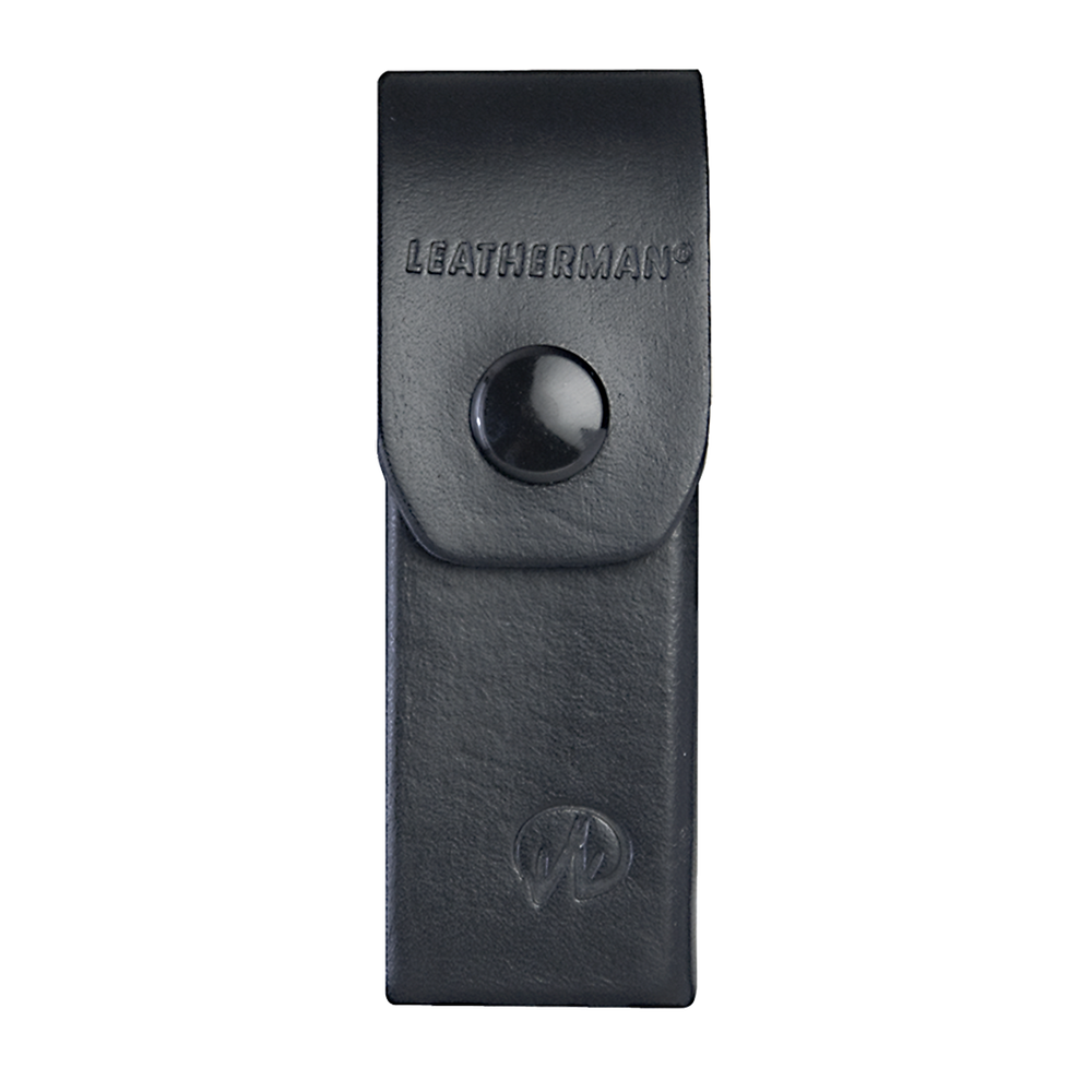 Black Leatherman leather multi-tool sheath with snap closure