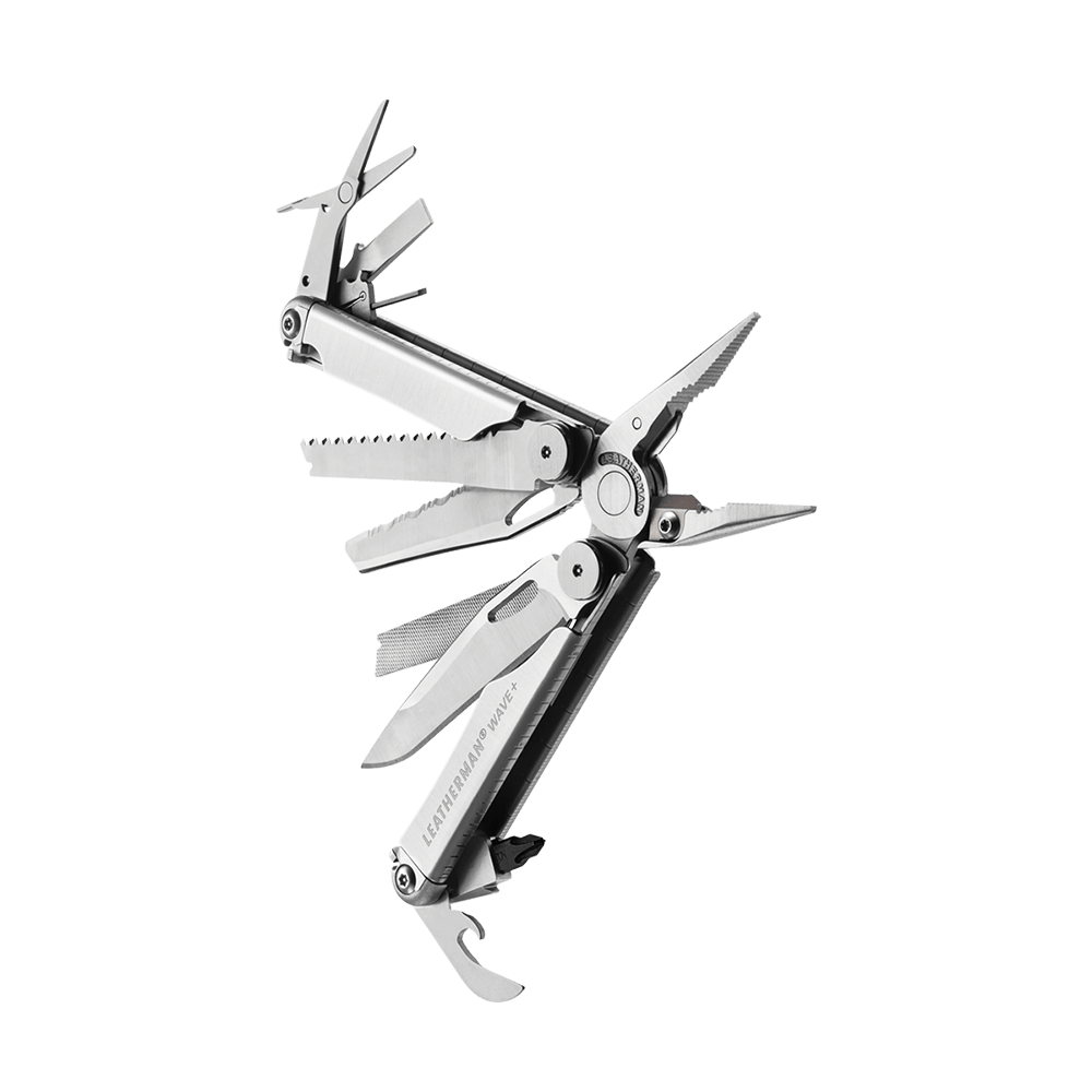 Leatherman Wave Plus stainless steel multi-tool, angled view