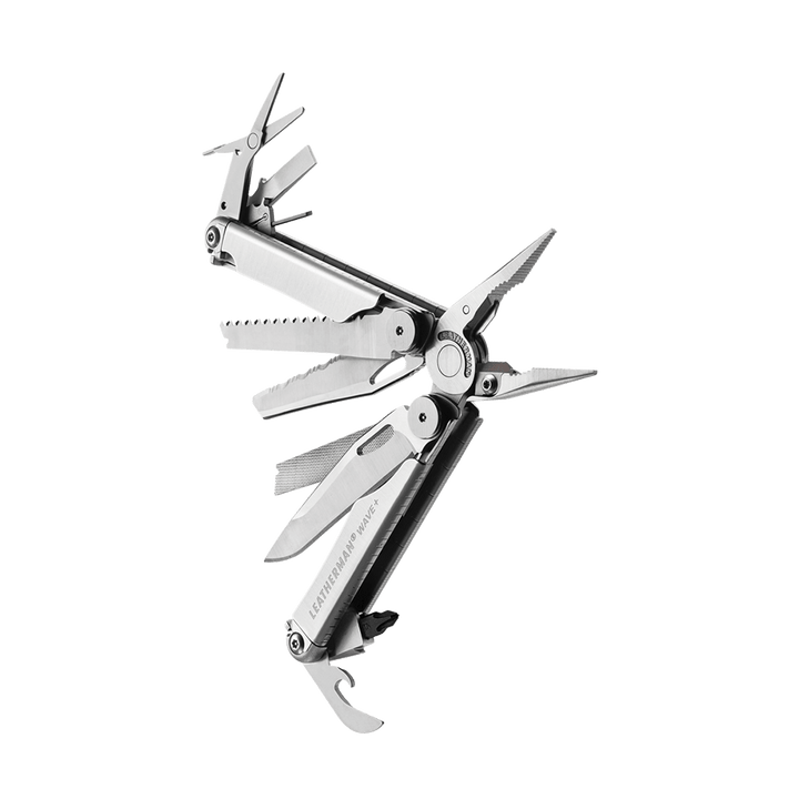 Leatherman Wave Plus stainless steel multi-tool, angled view