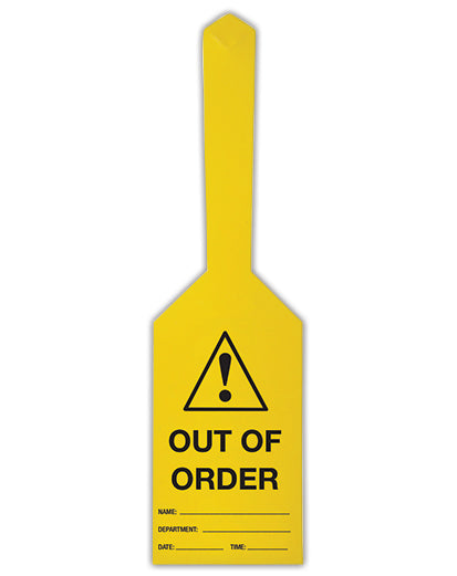 USS UDT407 yellow self locking caution tag, OUT OF ORDER front