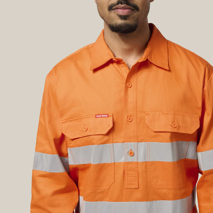 Hard Yakka Hi-Vis Closed Front Taped Long Sleeve Cotton Drill Shirt Y07899